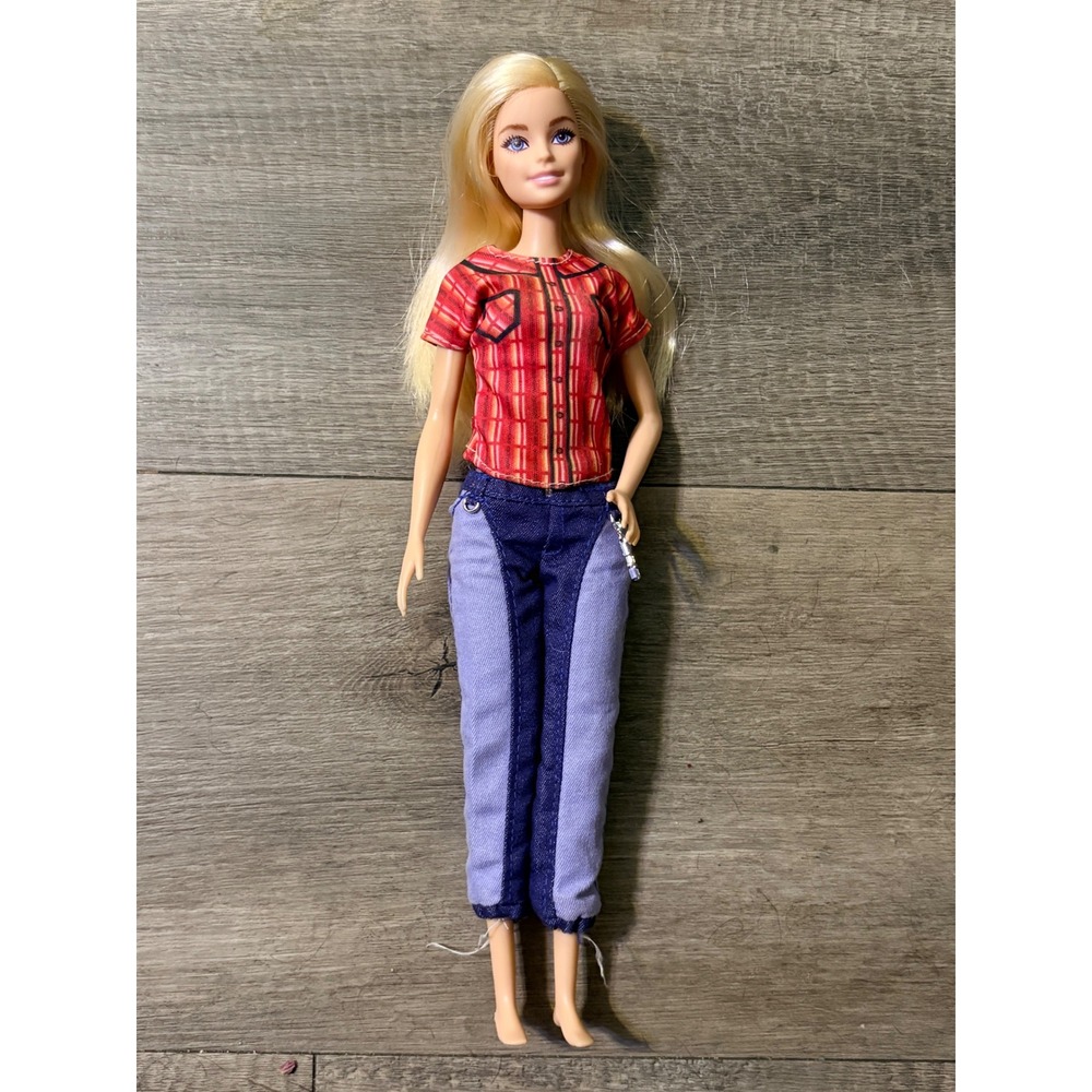 Mattel Barbie Doll 2022 Blonde Hair Blue Eyes Red Plaid Shirt Denim Joggers